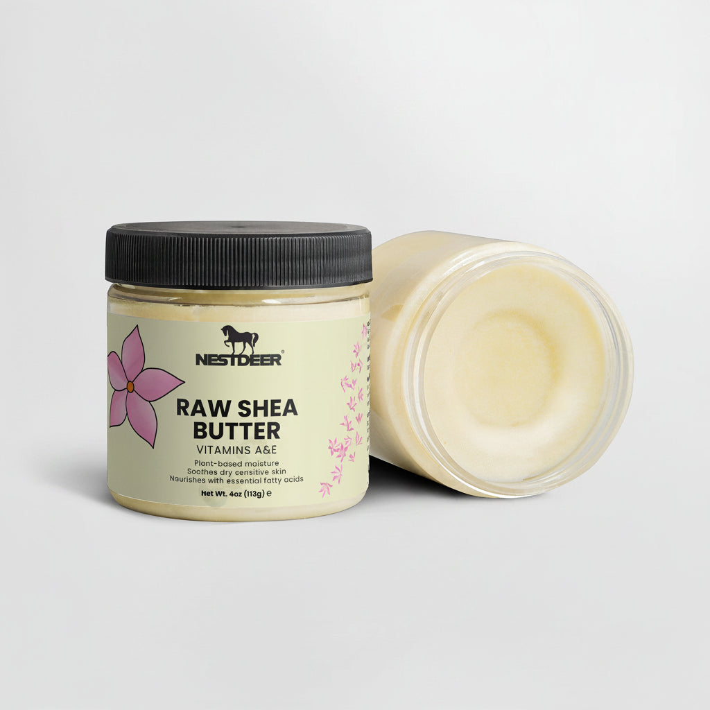Jar of Nestdeer Raw Shea Butter on a light gray background