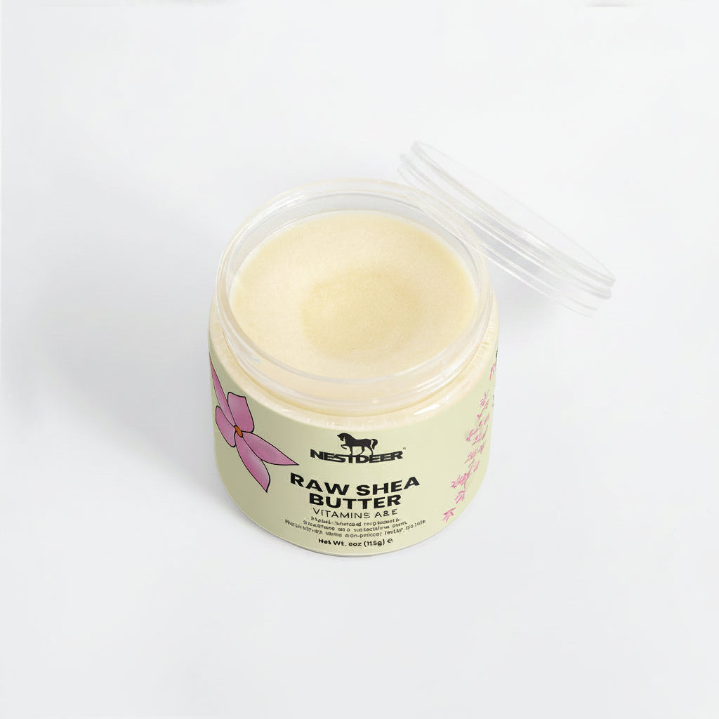 Jar of Raw Shea Butter with Nestleaf branding on a white background