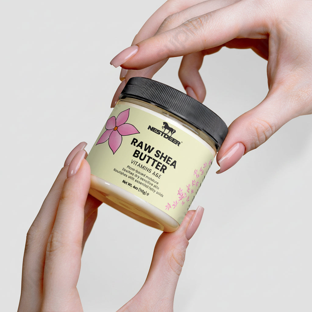 Jar of Nestlèr Raw Shea Butter held by hands against a light background