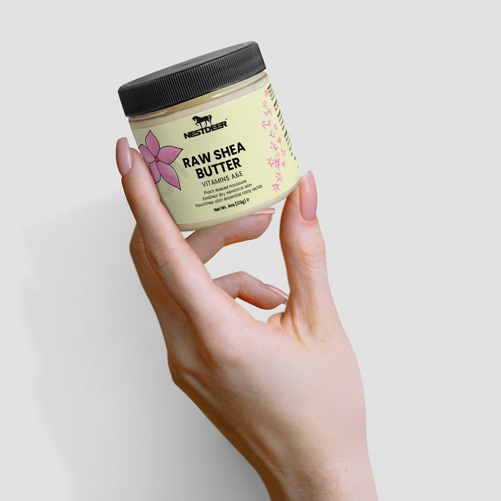 Hand holding a jar of Raw Shea Butter against a light background