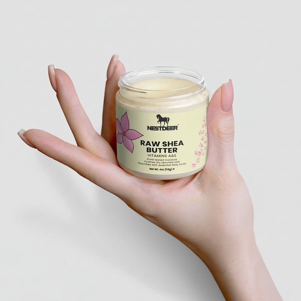 Hand holding a jar of Nestdeer Raw Shea Butter against a light background