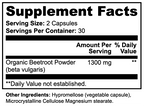 Supplement facts label with organic beetroot powder content on a white background