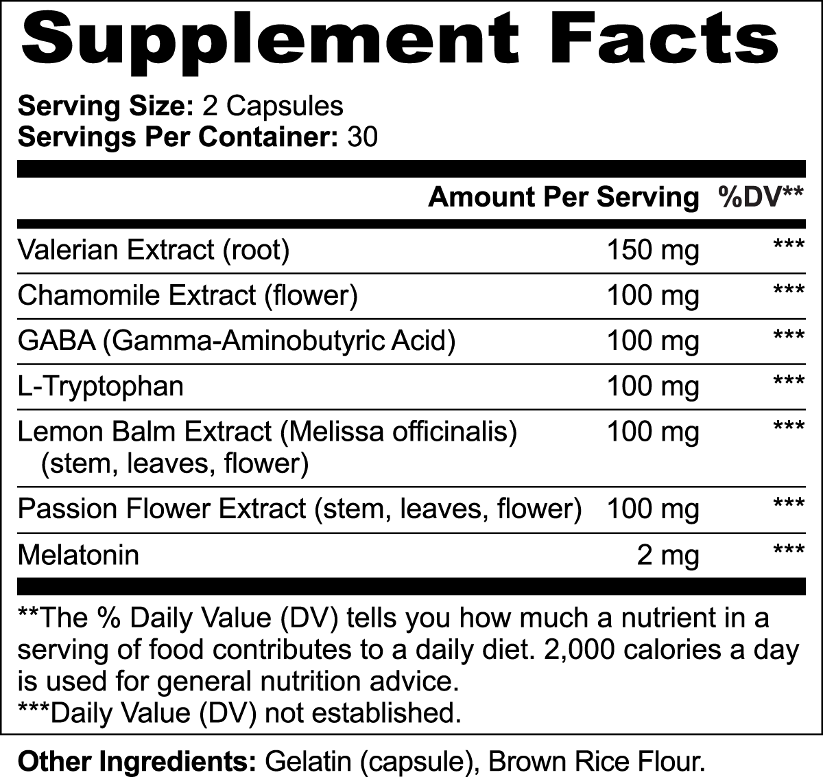 Supplement facts label with various extracts and a serving size of 2 capsules.