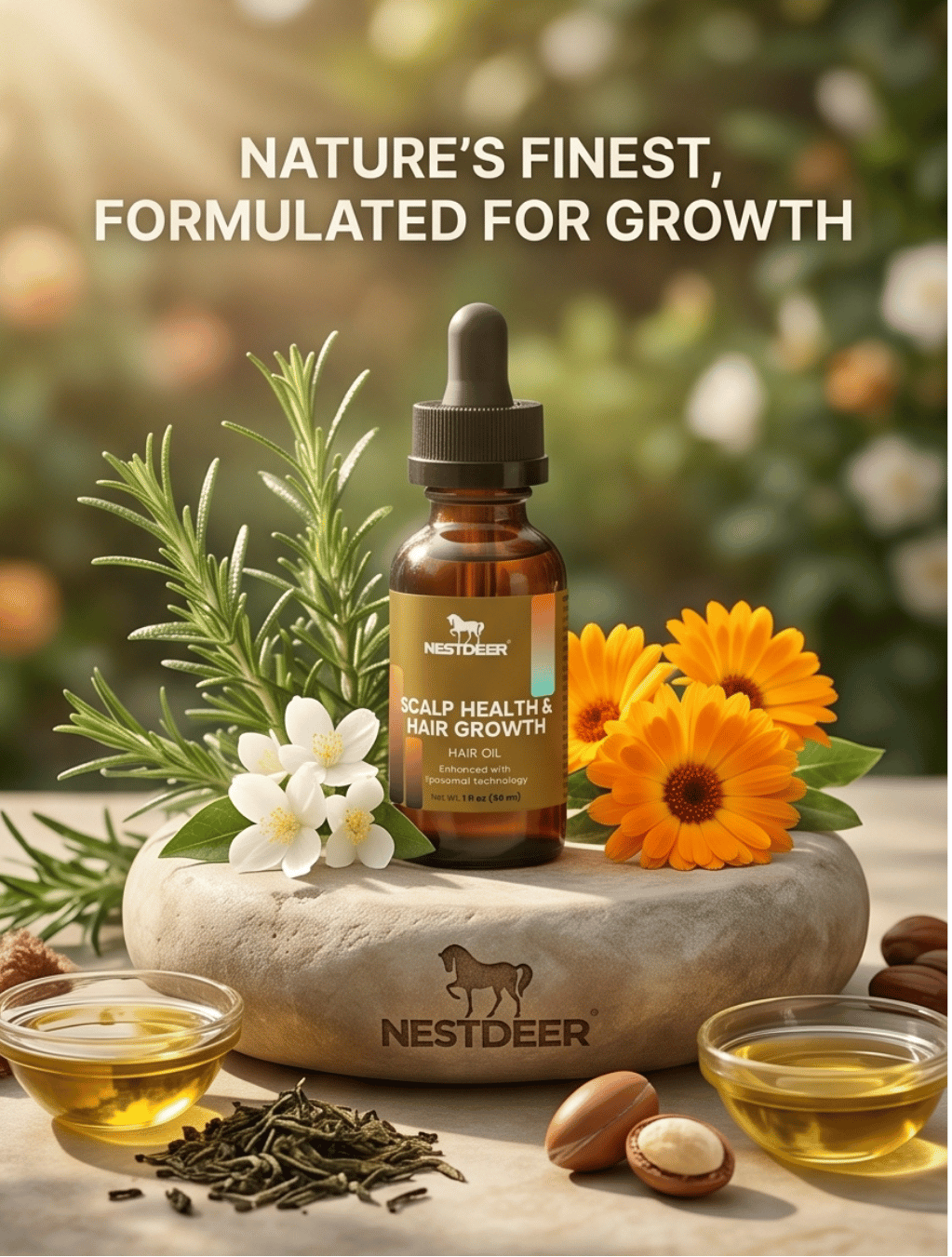 Nestdeer hair growth product with natural elements on a stone surface