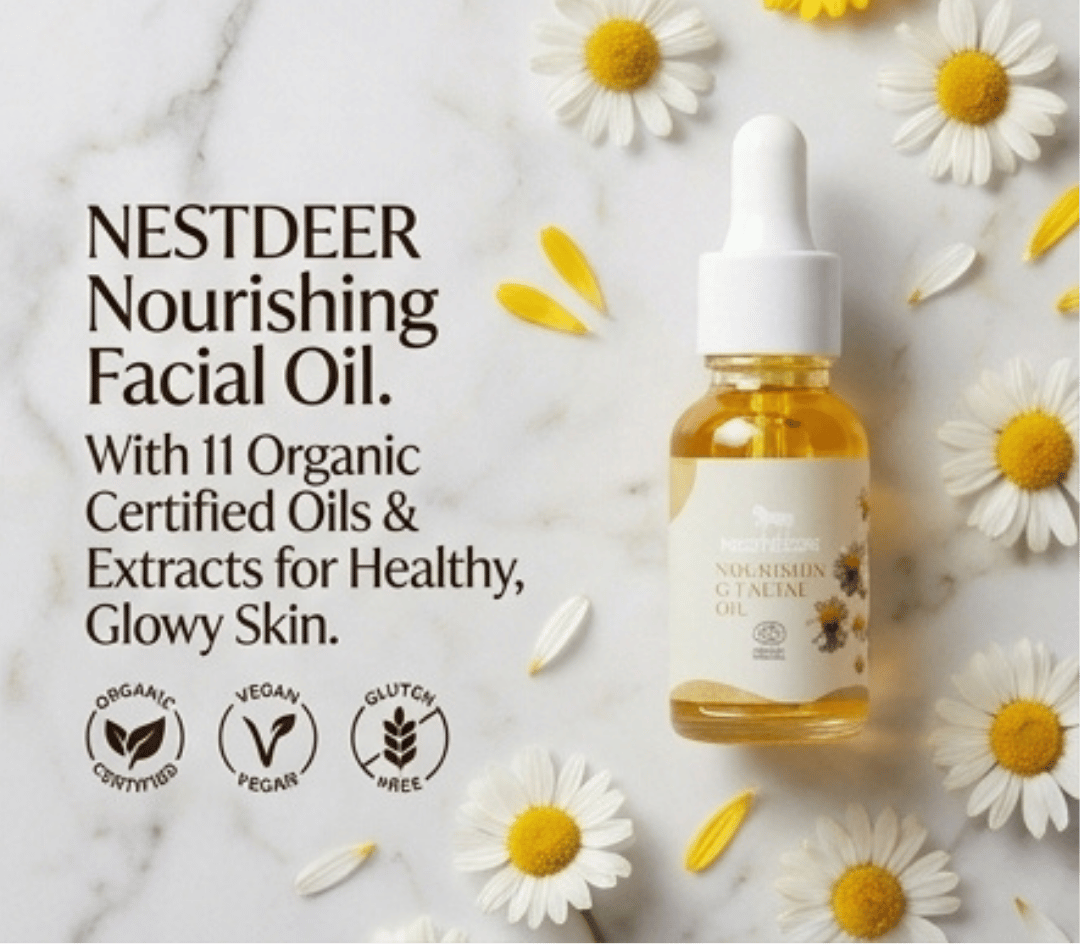 Nestdeer nourishing facial oil bottle with daisies on a marble background