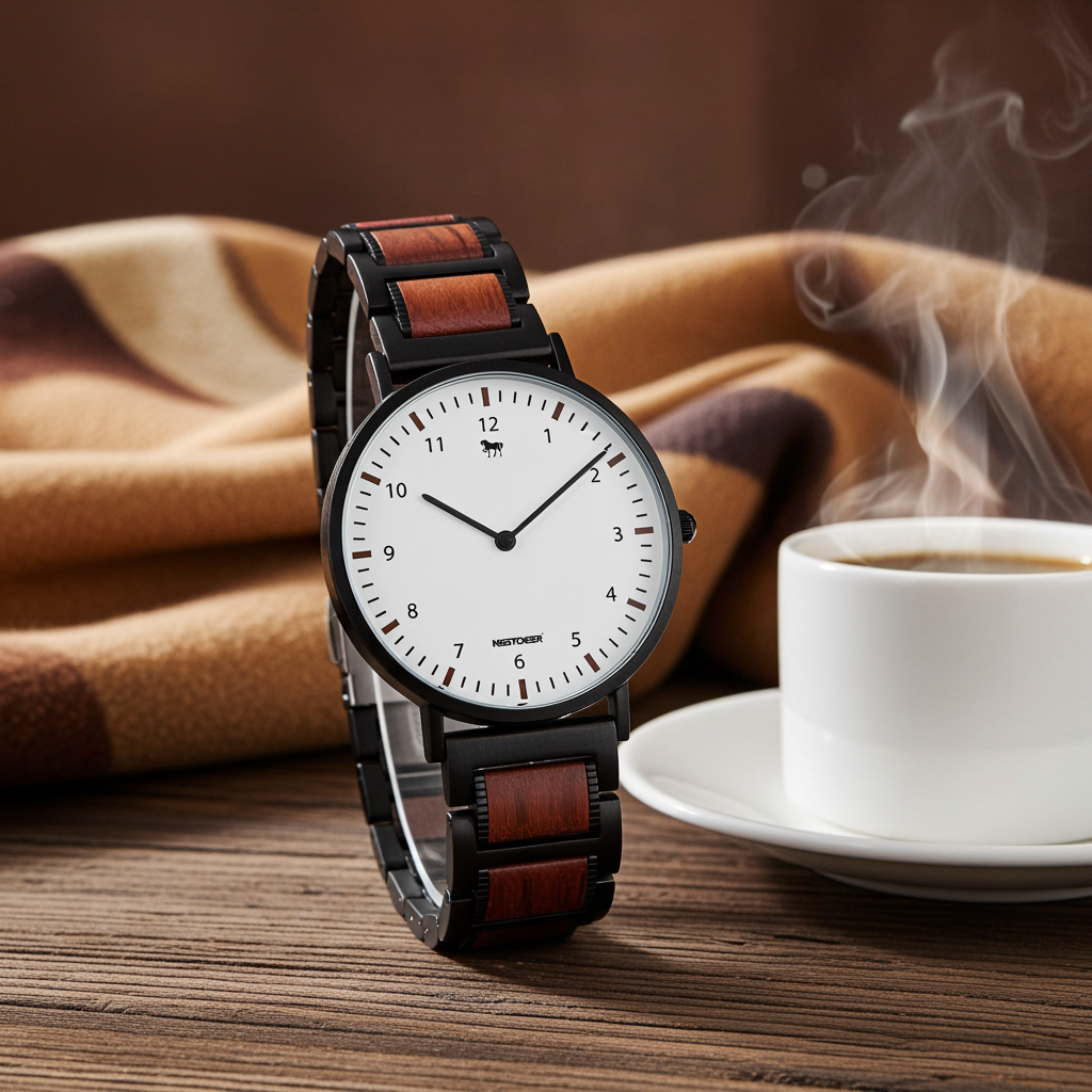 738. Nieuw houten horloge met band en kwartsuurwerk