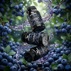 Three bottles of Nootropic Gummies surrounded by blueberries with water splashes.