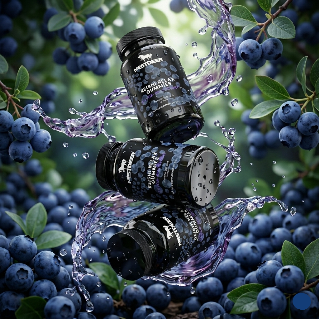 Three bottles of Nootropic Gummies surrounded by blueberries with water splashes.