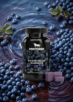 Bottle of Nestdeer Reishi Relax Gummies surrounded by blueberries on a wooden surface