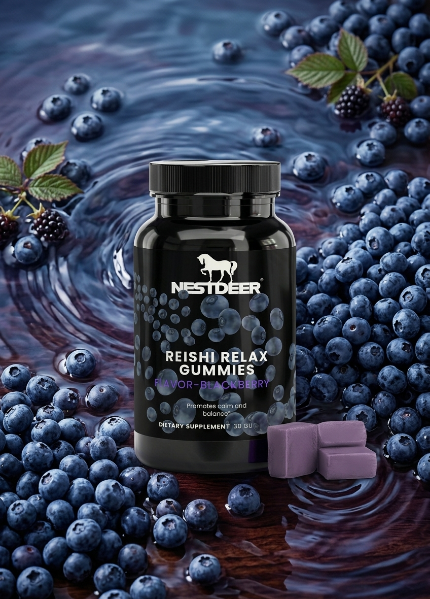 Bottle of Nestdeer Reishi Relax Gummies surrounded by blueberries on a wooden surface