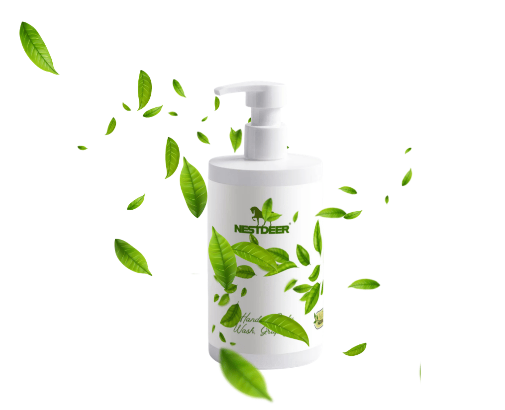 White bottle with green leaves on a white background