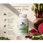 Beetroot capsules with Nestdeer branding, surrounded by beetroot vegetables and powder on a neutral background.