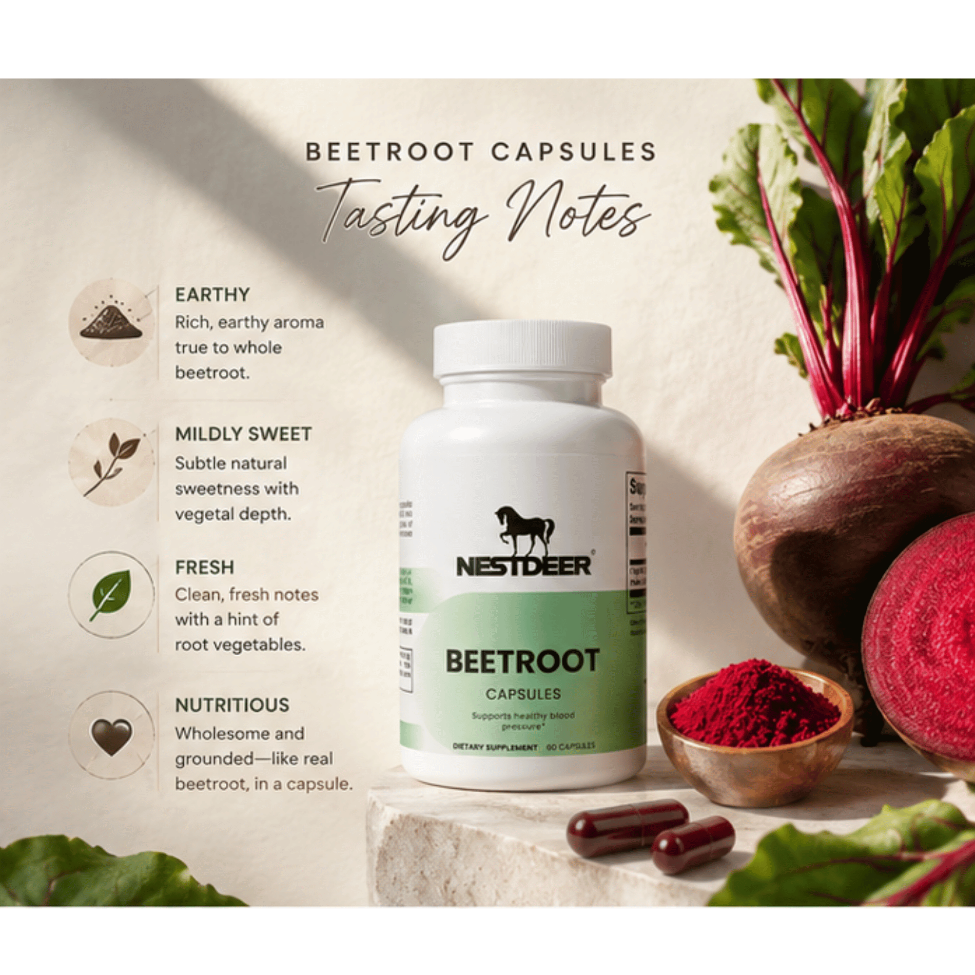 Beetroot capsules with Nestdeer branding, surrounded by beetroot vegetables and powder on a neutral background.