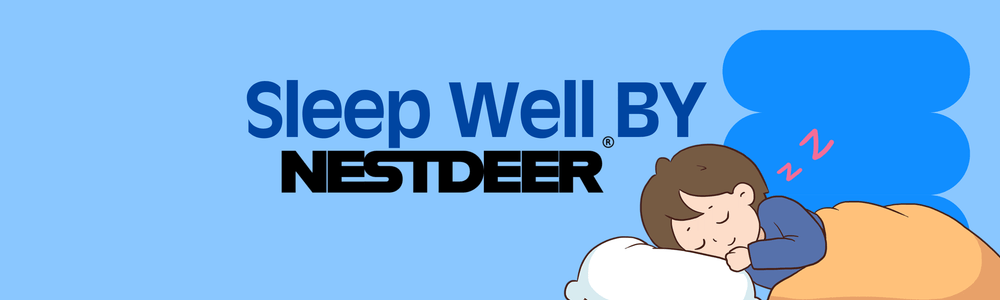 Advertisement for 'Sleep Well By Nestdeer' with a cartoon character sleeping under a blanket.