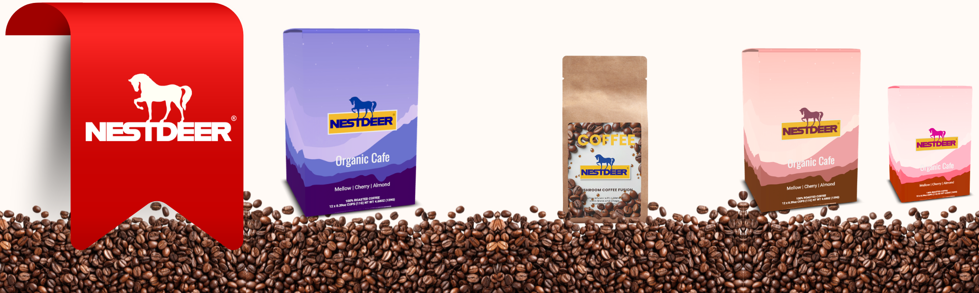 Nestdeer branded pet food packages and coffee beans on a white background