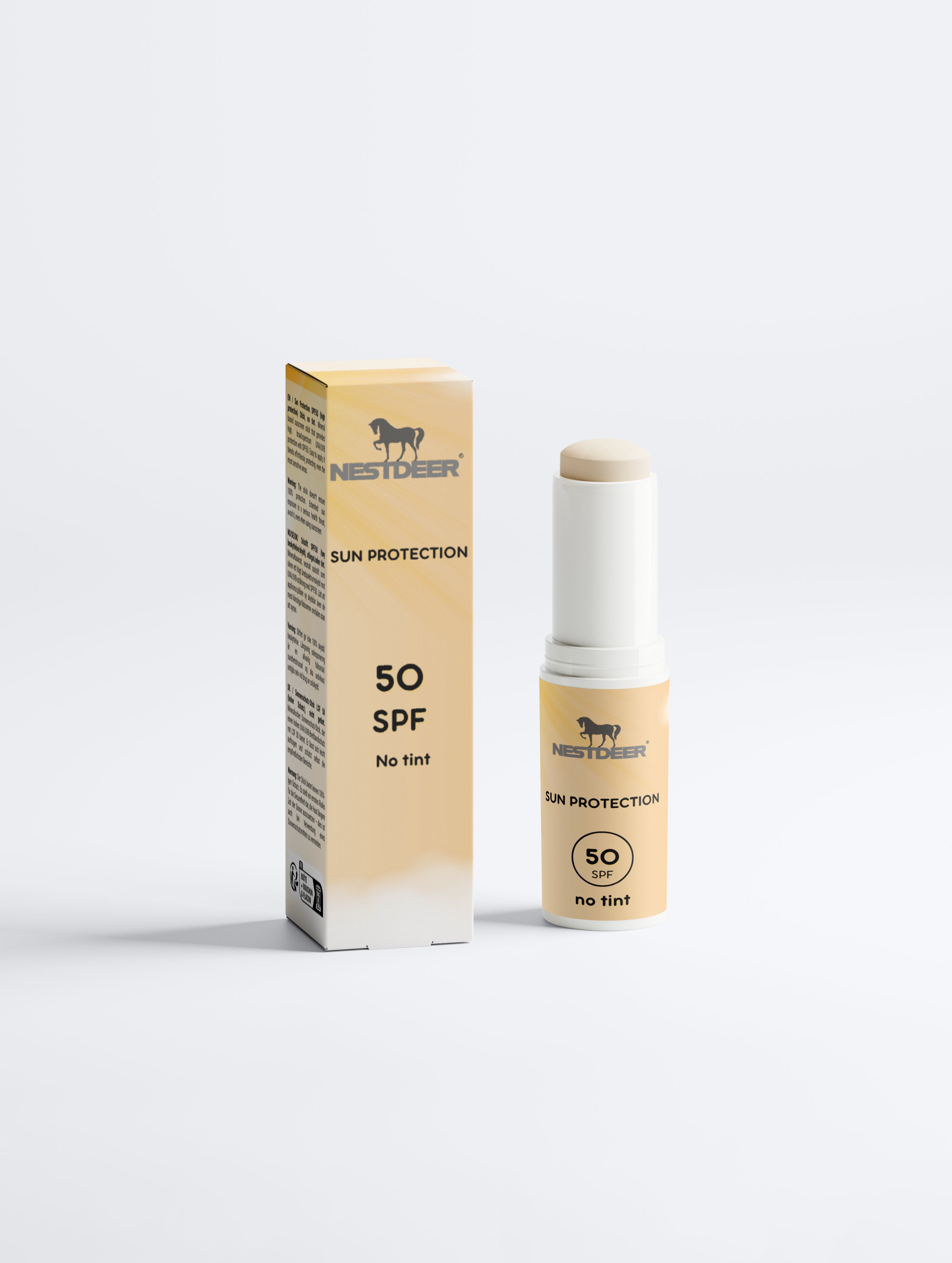 Sunscreen stick and packaging with 'Nestdeer' branding on a white background