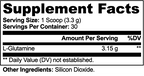 Supplement facts label for a product with L-Glutamine and Silicon Dioxide as ingredients.