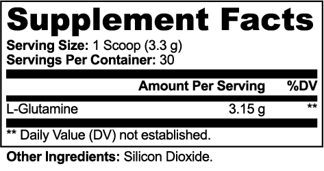 Supplement facts label for a product with L-Glutamine and Silicon Dioxide as ingredients.