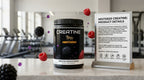 Creatine supplement container with Nestdeer branding on a table in a gym setting