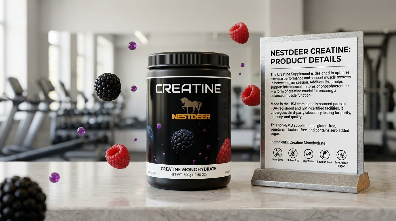 Creatine supplement container with Nestdeer branding on a table in a gym setting