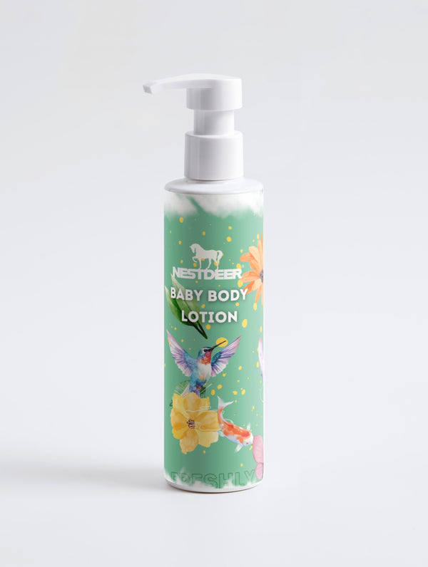 Baby body lotion bottle with colorful label on a white background